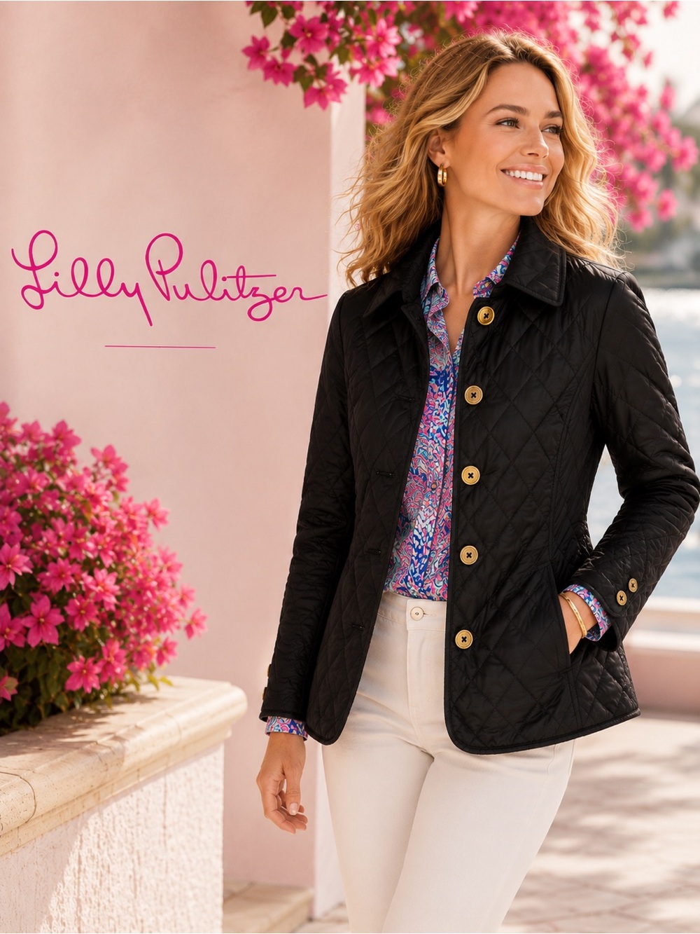 Lilly Pulitzer Black Quilted Jacket with Gold Buttons